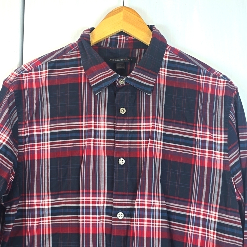 John Varvatos |Mens Red White Blue Plaid Cotton Button Down Patriotic Shirt Sz.M